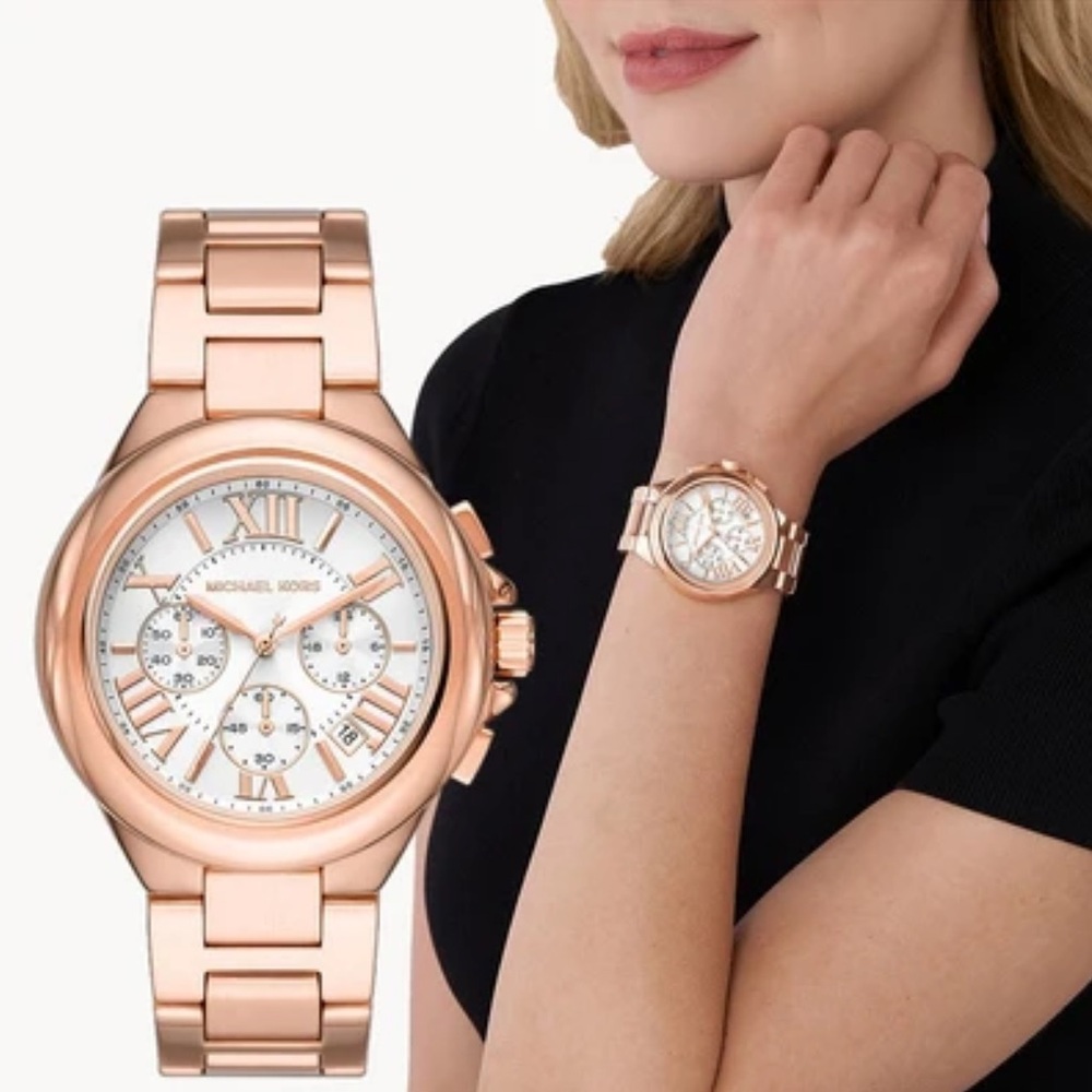 Michael Kors Camille Watch Chronograph White Dial Rose Gold Strap Watch MK7271